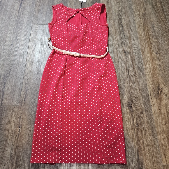 Unique Vintage Red and White Pencil Wiggle Cut Out Midi Dress W Belt SZ L Pin Up - Picture 10 of 15